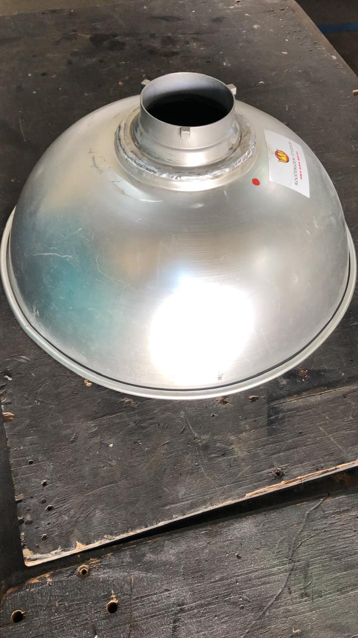 Spun aluminium dome component with outlet neck.
